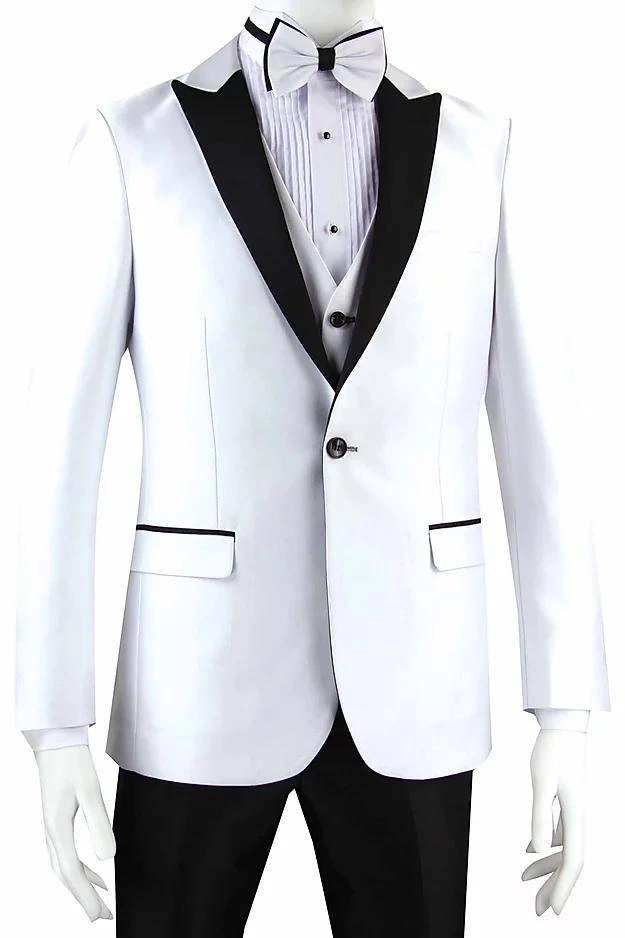 Białe Smoking Slim Fit z Czarnym Klapą i Spodniami – Elegancja na Miarę, Gładki Styl, Perfekcyjny Look!